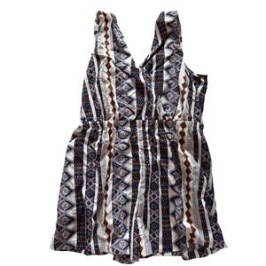 Cupshe Womens Geometric Tribal Print Romper V-Neck Blue Brown White Large NEW